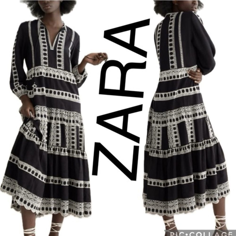 Zara Black Maxi Dress with White Lace Trim